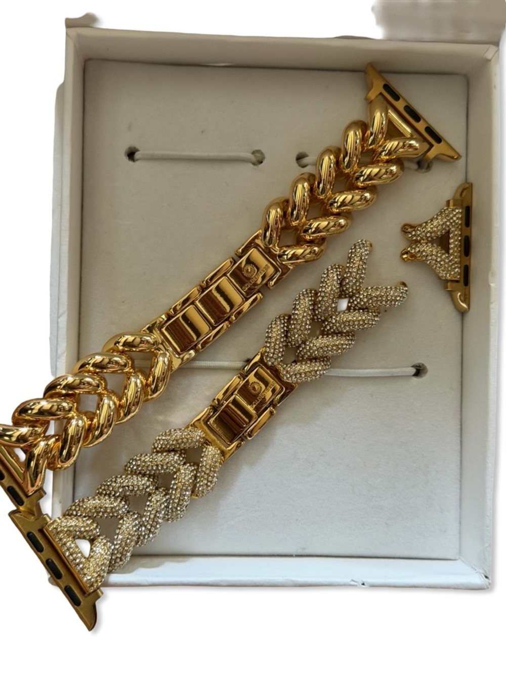 Goldenerre gold herringbone Apple Watch band steel + crystal pave SET Revolve